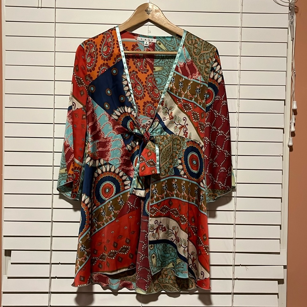 CAbi Tie Front Kimono Paisley Floral Patchwork Print Boho